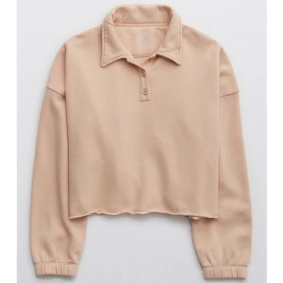Aerie Fleece Of Mind Cropped Polo Sweatshirt Pink Collared Oversized Size L - Picture 2 of 9